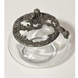 Vintage Rawcliffe Pewter 1989 Bunnies Flowers Glass Potpourri Bowl PC2922